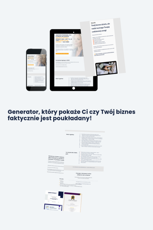 Generator systemu biznesowego, mockup quizu na telefonie, tablecie i kartach z wynikami