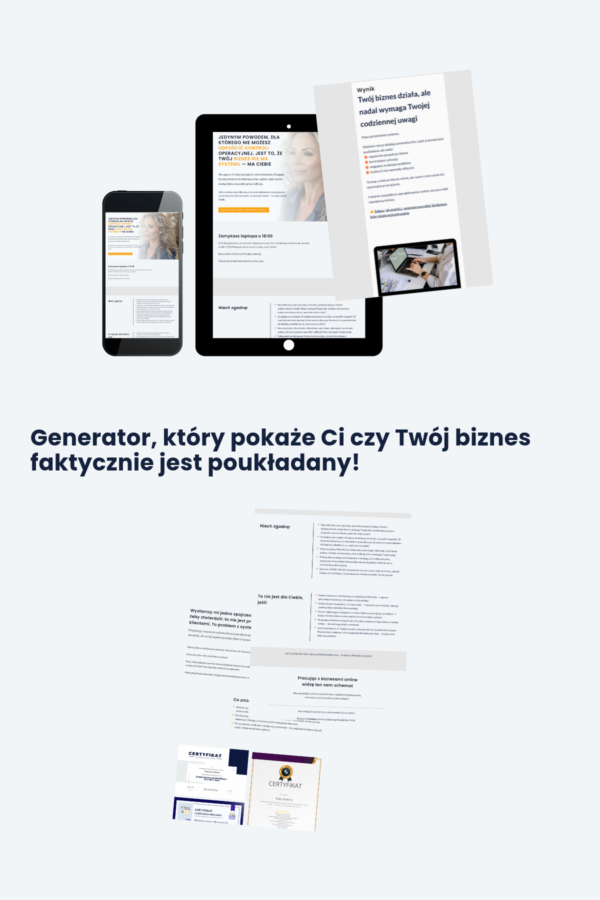 Generator systemu biznesowego: quiz diagnozujący biznes online Generator systemu biznesowego, mockup quizu na telefonie, tablecie i kartach z wynikami
